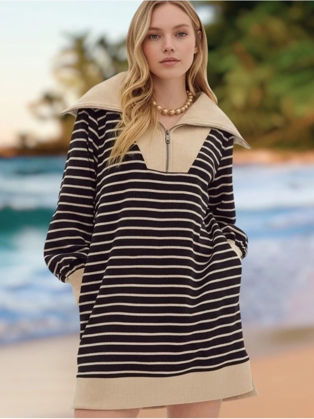 Entro Ribbed Striped Sweater Dress Zip Collar Pockets Stretch Size L NWT $69